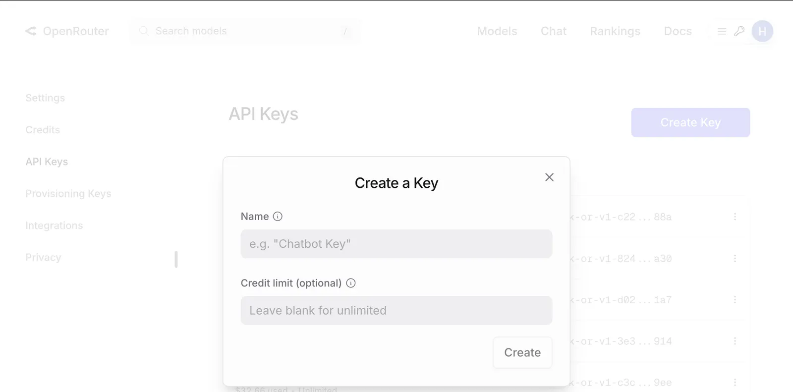 OpenRouter API keys page