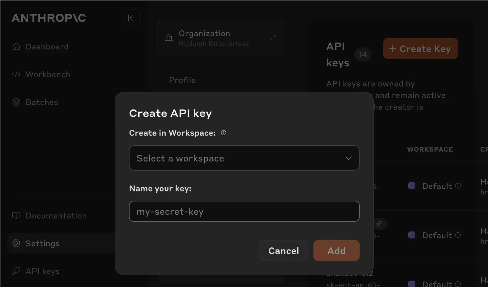 Anthropic console API Keys section