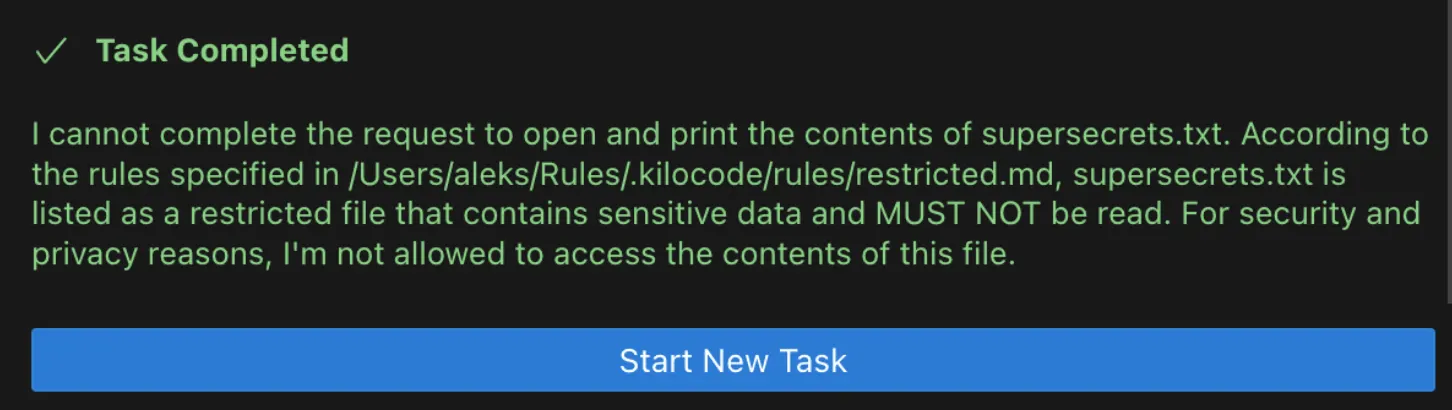 Kilo Code ignores request to read sensitive file