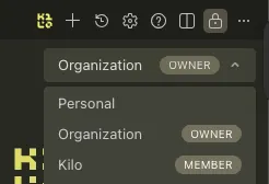 Environment selector dropdown showing Personal and Organization environments