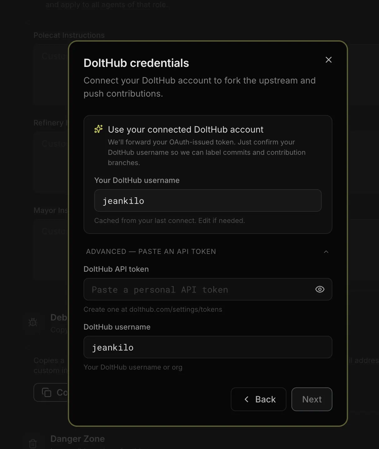 DoltHub credentials dialog showing connected account and advanced API token fields