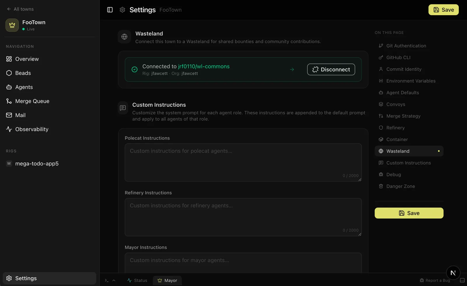 Wasteland connection settings