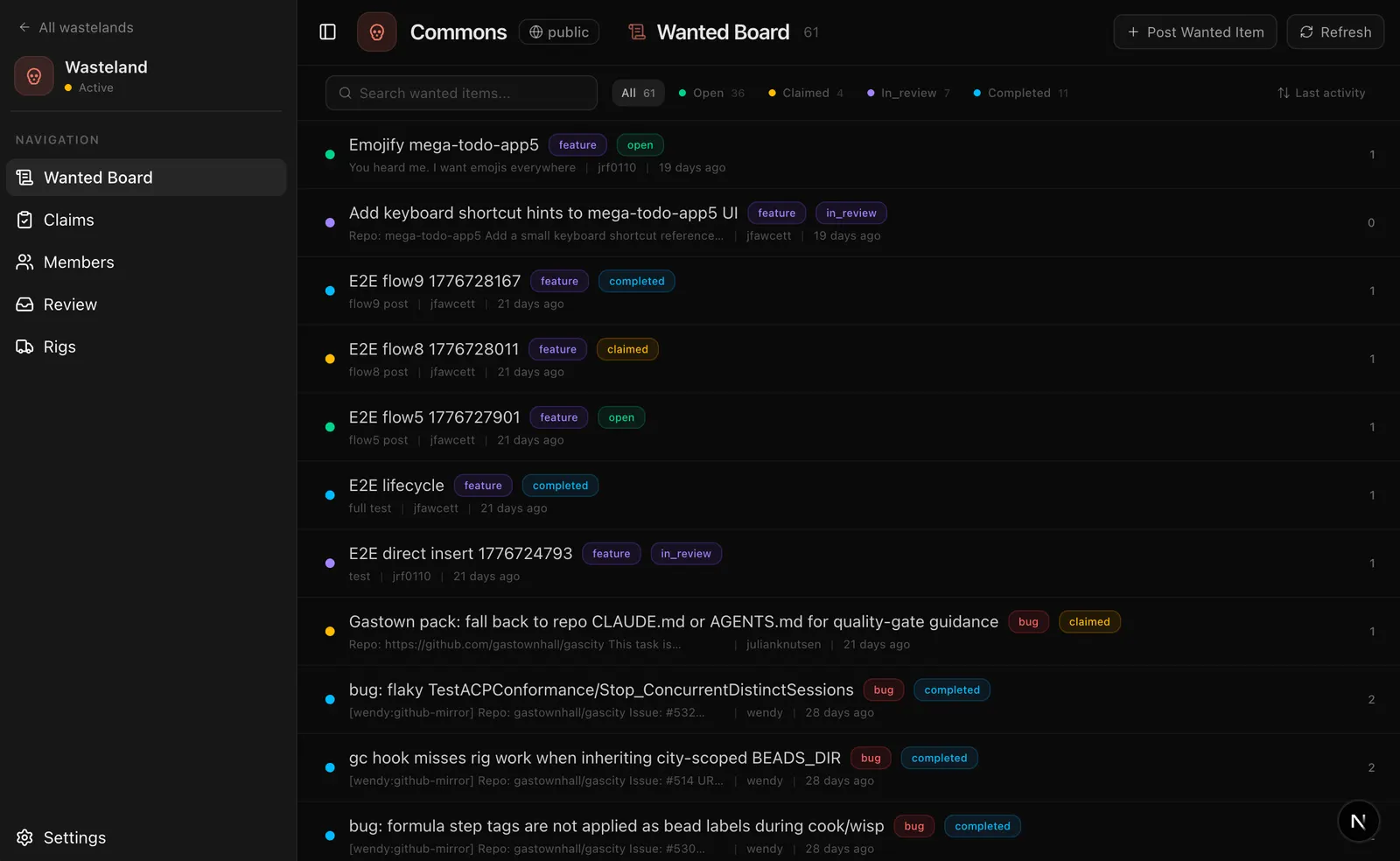 Wasteland Wanted Board showing open tasks