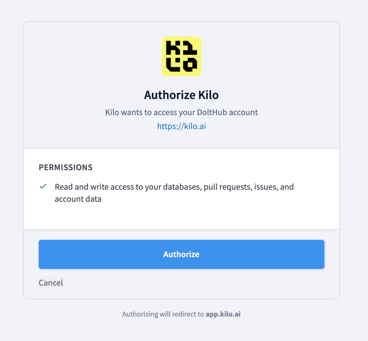 DoltHub OAuth authorization screen for Kilo