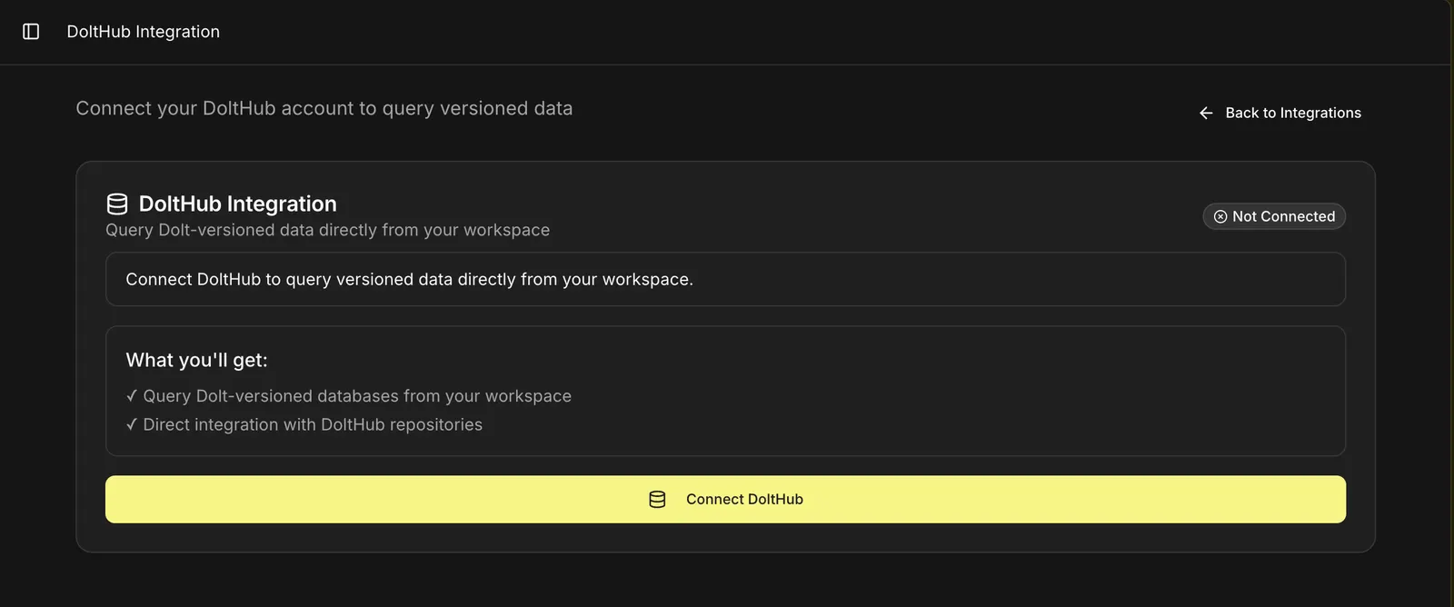 DoltHub integration page before OAuth connection