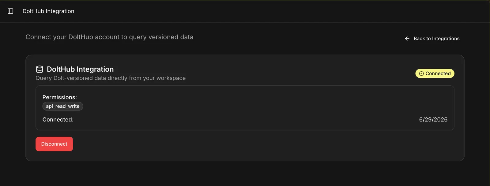 Connected DoltHub integration page showing api_read_write permission