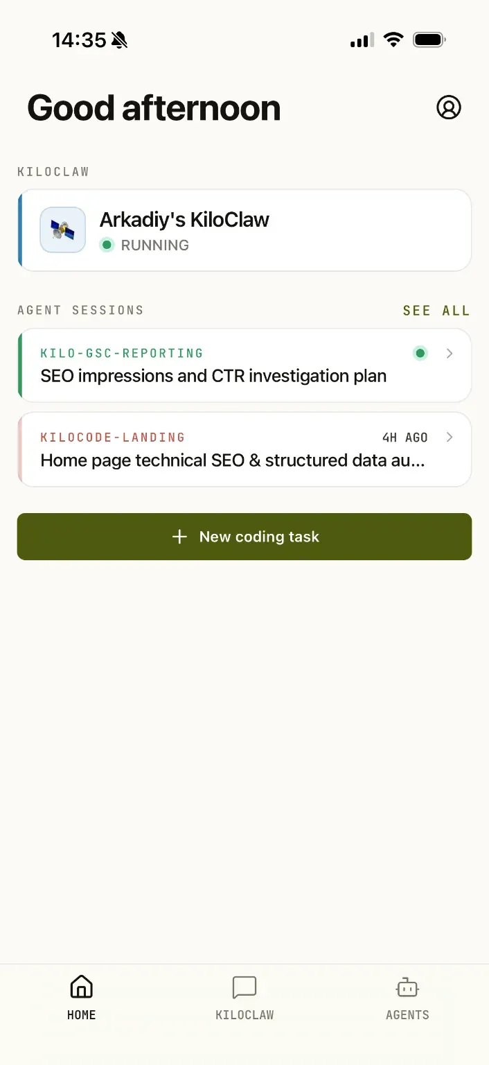 Kilo Code mobile home screen showing active agent sessions