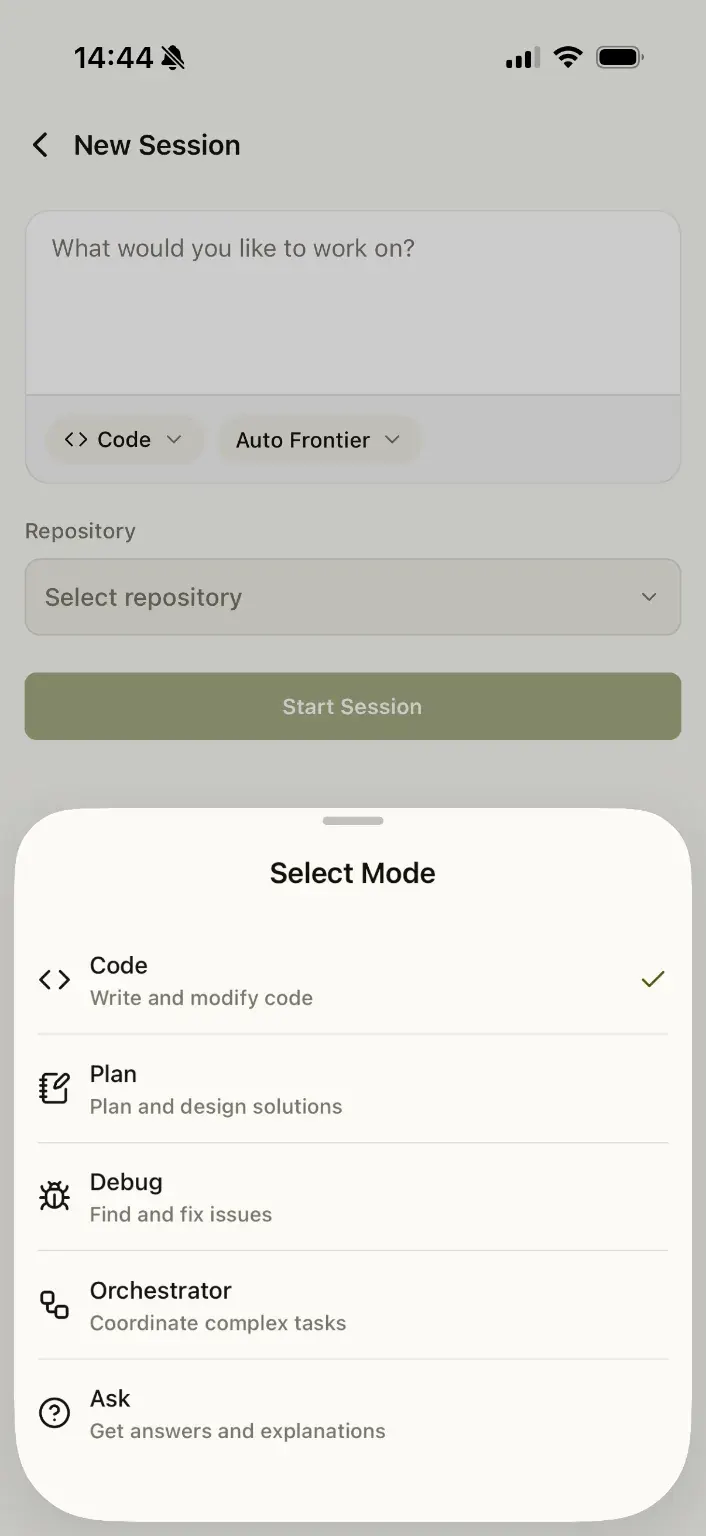 Kilo Code mobile new session screen with coding mode selector