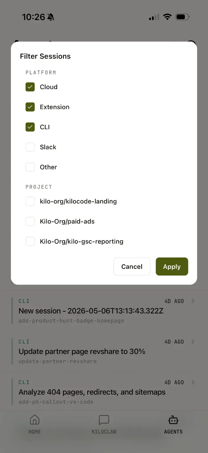 Kilo Code mobile session filter panel for Cloud Extension CLI Slack and other platforms
