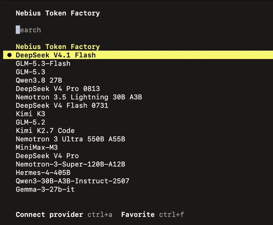 Kilo CLI /connect command with Nebius Token Factory selected