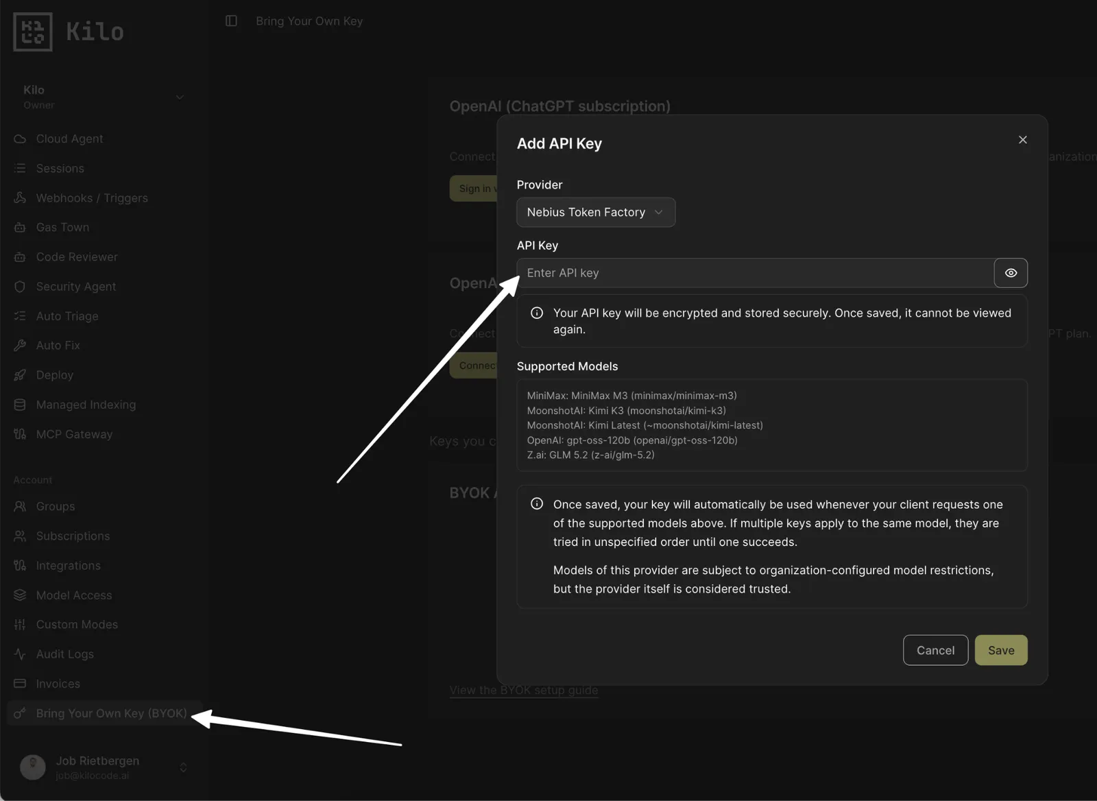 Kilo Cloud BYOK page with the Add API Key dialog and Nebius Token Factory selected as provider