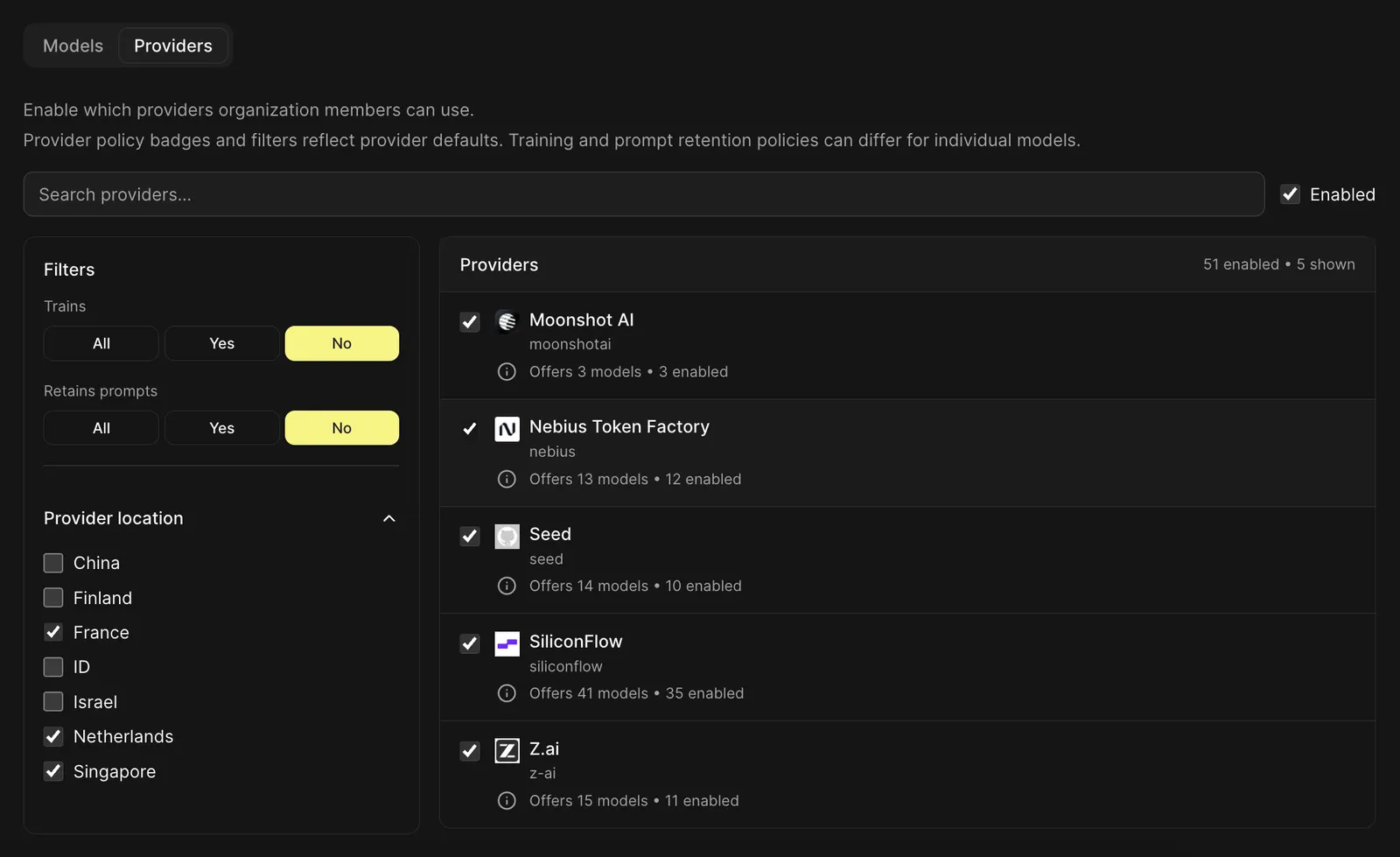 Kilo Gateway provider list showing Nebius Token Factory enabled, with region and training-data filters
