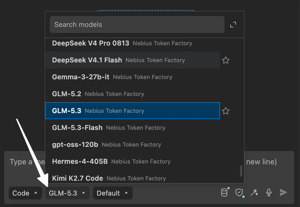 VS Code model picker showing models tagged Nebius Token Factory