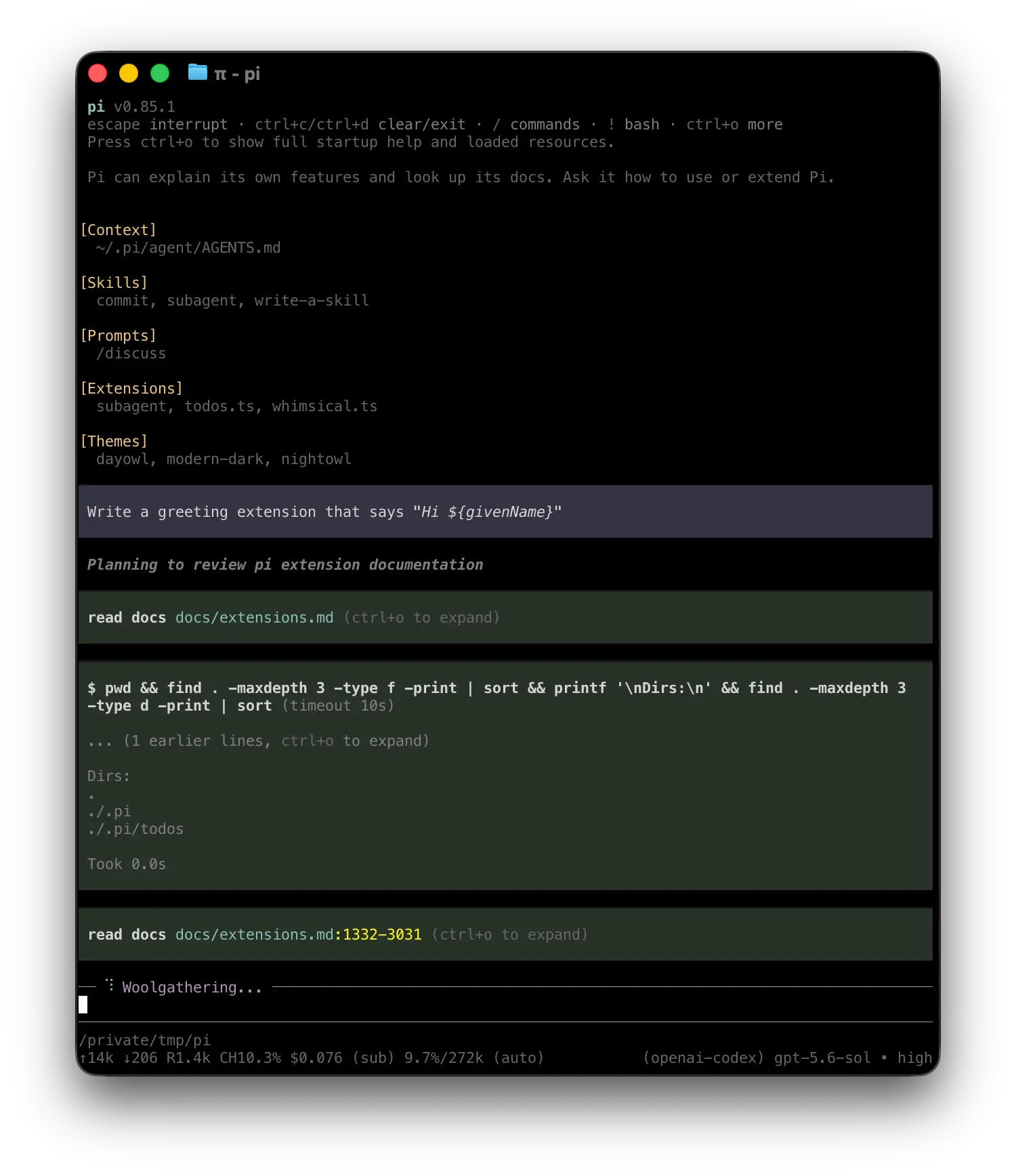 Pi running in a terminal with a conversation, input editor, and status footer