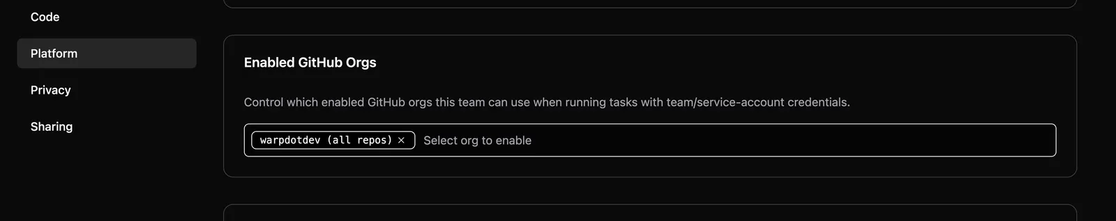 Enabled GitHub Orgs setting in the Admin Panel Platform section
