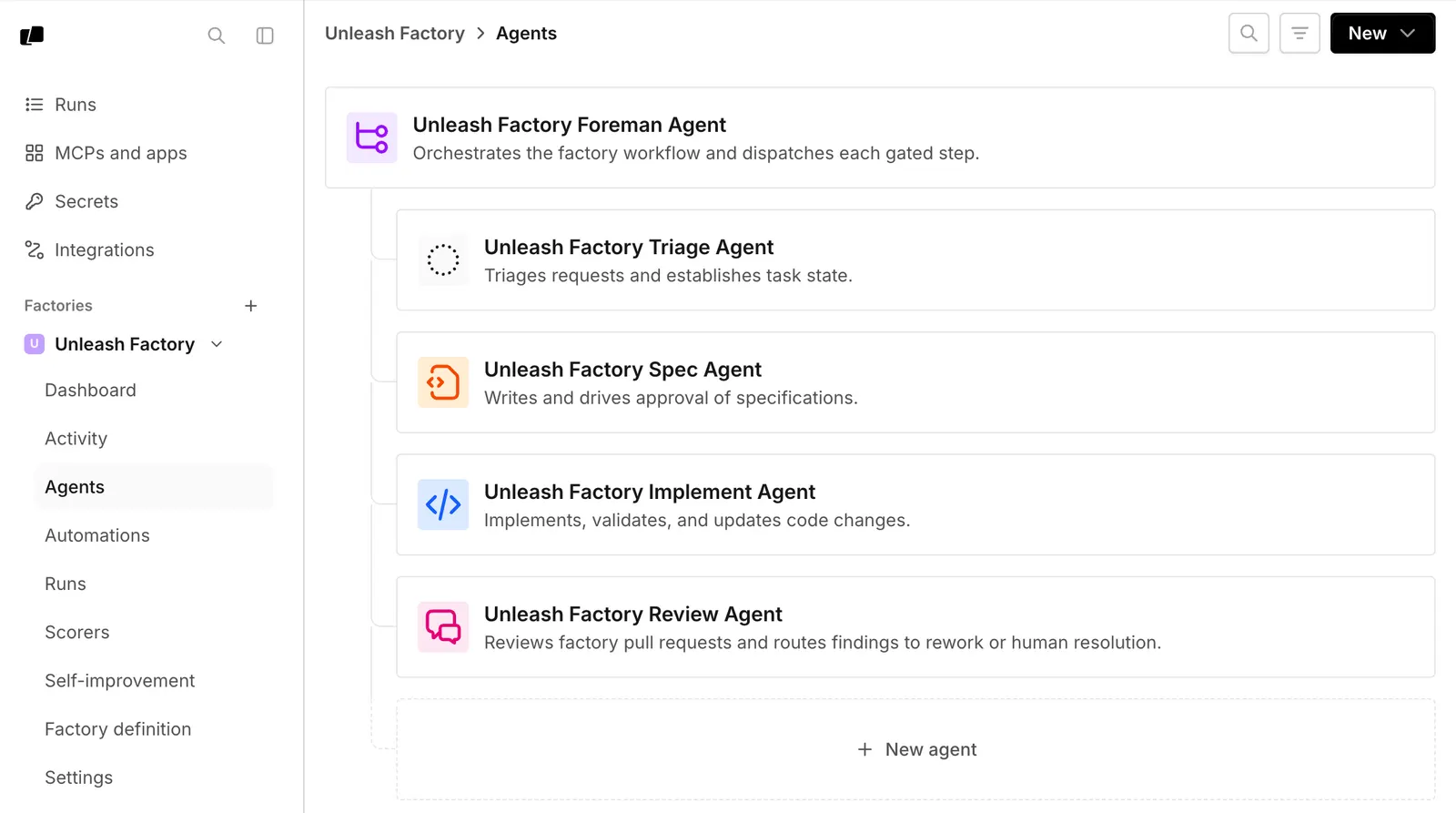 The Agents page in the factory dashboard, listing a foreman agent and its four default agents: triage, spec, implement, and review.