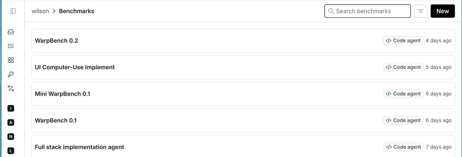 The Benchmarks page showing saved benchmark suites, a search field, and the New button.