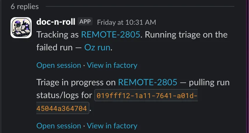 A Slack thread where the Warp Factories app replies with tracking and triage progress updates, including links to open the session and view it in the factory.