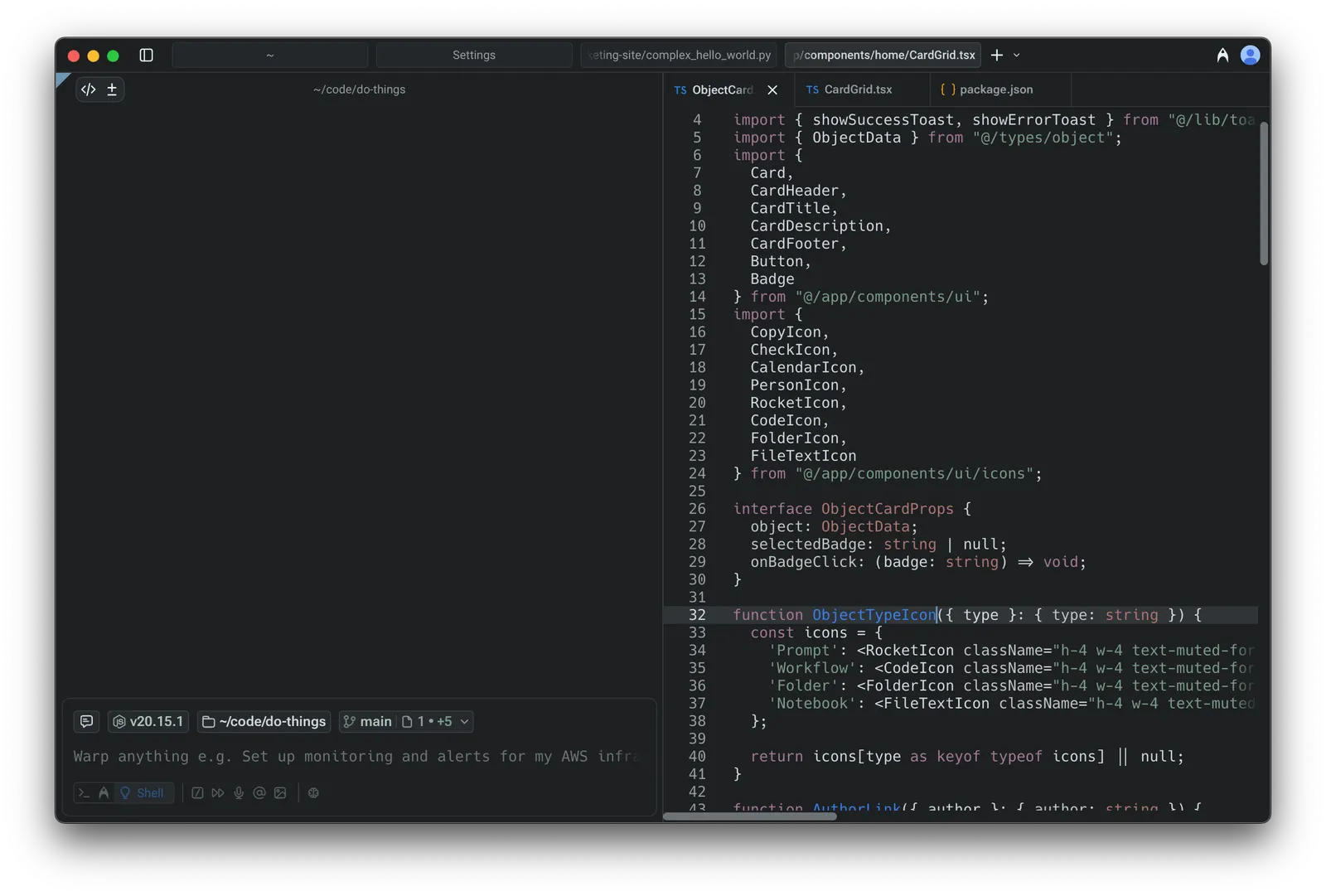 Multiple files grouped into a single tabbed file viewer in Warp's code editor.